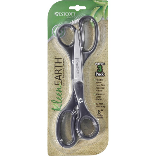 Westcott KleenEarth Basic Recycled Scissors - 8" Overall Length - Straight - Stainless Steel - Black - 3 / Pack