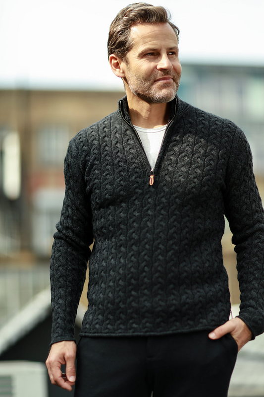 Charcoal Cashmere Half Zip Sweater in Full Cable knit Neil