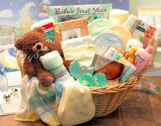 Deluxe Welcome Home Precious Baby Basket-Yellow/Teal - baby bath set -  baby girl gifts - new baby gift basket - baby gift baskets - baby shower gifts