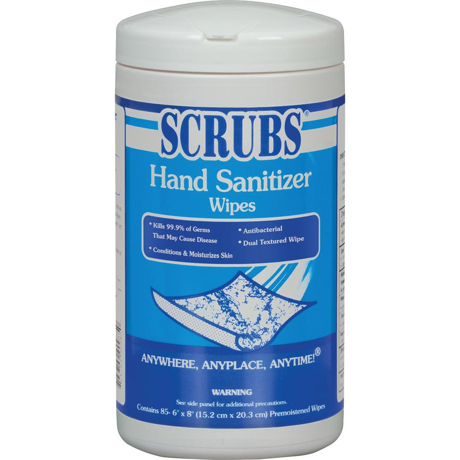 SCRUBS Hand Sanitizer Wipes - Blue, White - Abrasive, Non-scratching, Textured, Anti-bacterial - For Hand - 85 Per Canister - 6 / Carton