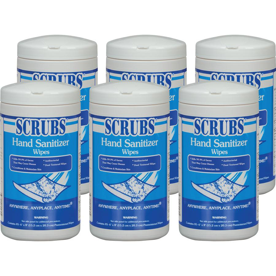 SCRUBS Hand Sanitizer Wipes - Blue, White - Abrasive, Non-scratching, Textured, Anti-bacterial - For Hand - 85 Per Canister - 6 / Carton