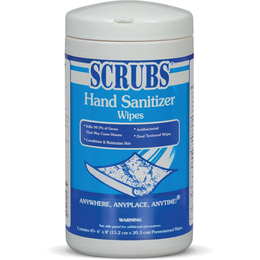 SCRUBS Hand Sanitizer Wipes - Blue, White - Abrasive, Non-scratching, Textured, Anti-bacterial - For Hand - 85 Per Canister - 6 / Carton