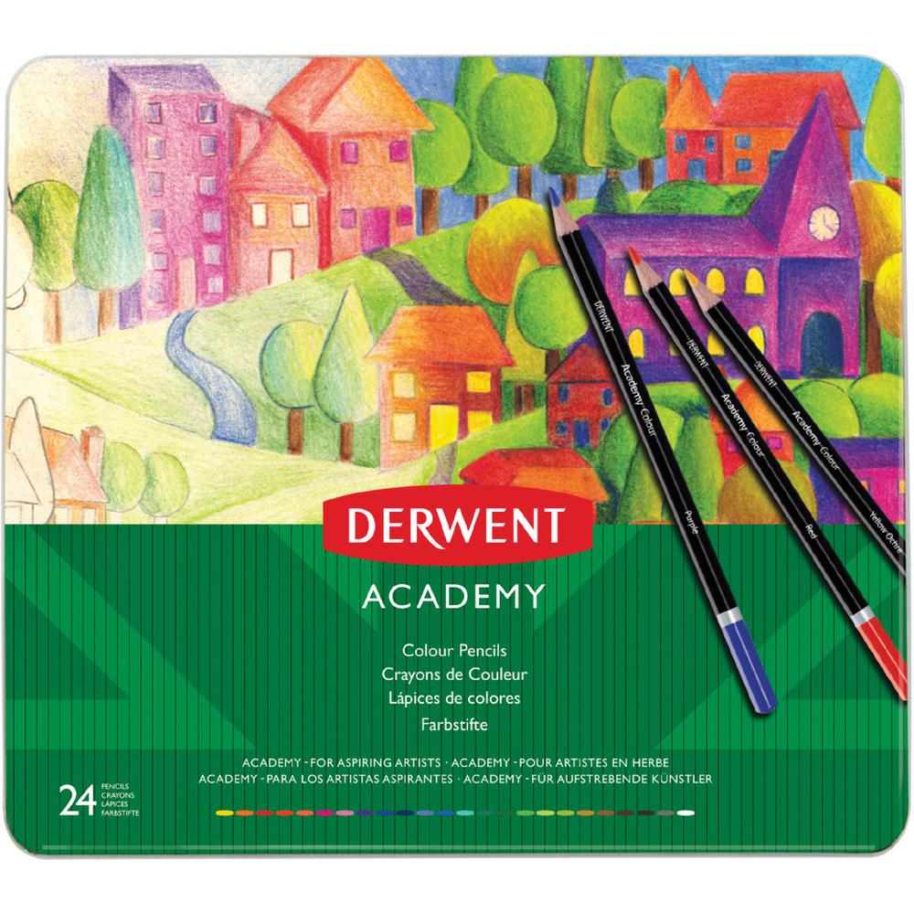 Derwent Academy Color Pencils - 3.3 mm Lead Diameter - Acid Yellow, Cadmium Yellow, Orange, Deep Red, Red, Rose, Bright Pink, Purple, Ultramarine, Light Blue, Blue, ... Lead - Wood Barrel - 24 / Set