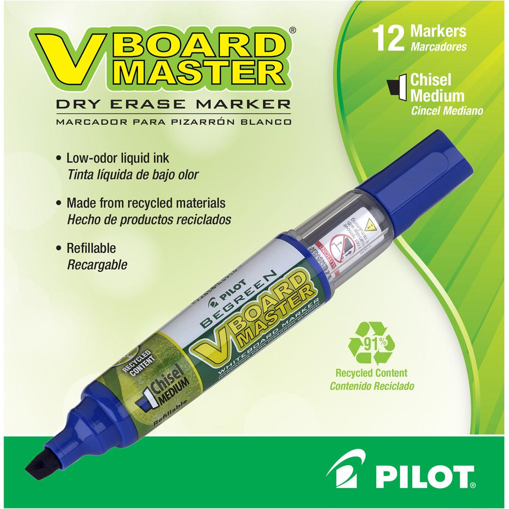 Pilot BeGreen Refillable VBoard Dry-erase Marker - Broad Marker Point - Chisel Marker Point Style - Refillable - Blue - 12 / Box