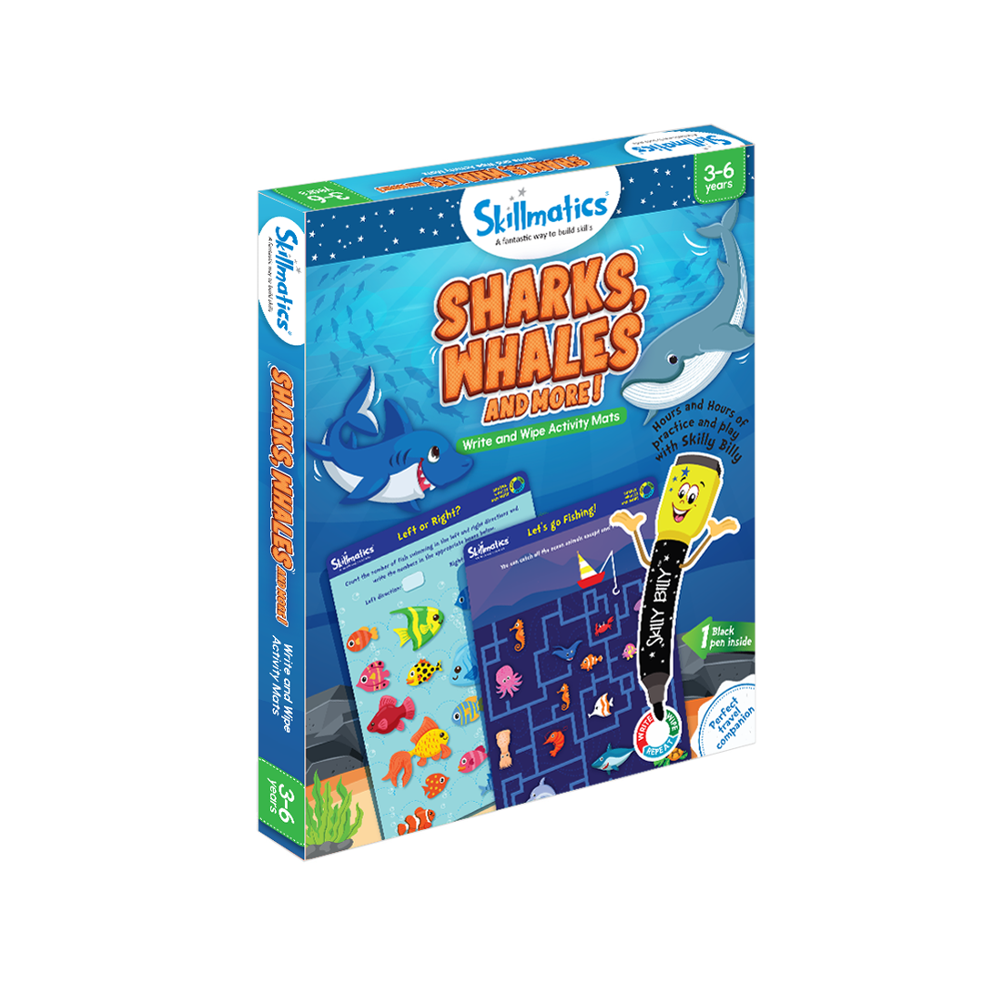 Skillmatics Educational Game Sharks, Whales & More | Gift, Travel Toy & Learning Tool for Kids Ages 3-6, Reusable Activity Mats with Dry Erase Marker