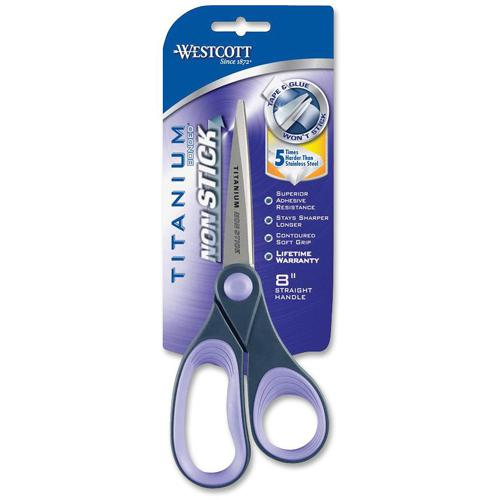 Westcott Titanium-bonded 8" Straight Scissors - 8" Overall Length - Straight-left/right - Titanium - Pointed Tip - Purple - 1 Each