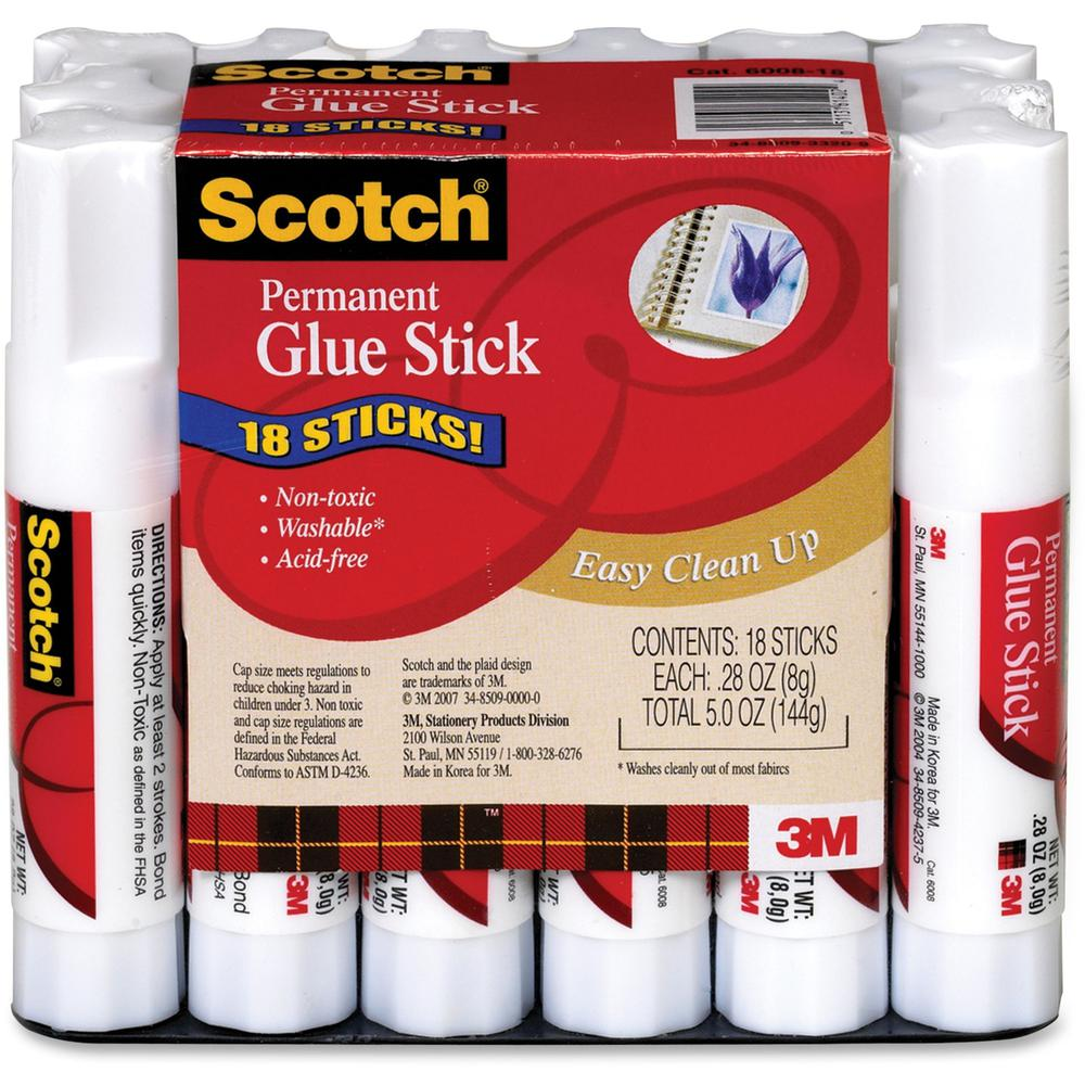 Scotch Permanent Glue Sticks - 0.28 oz - 18 / Pack - White