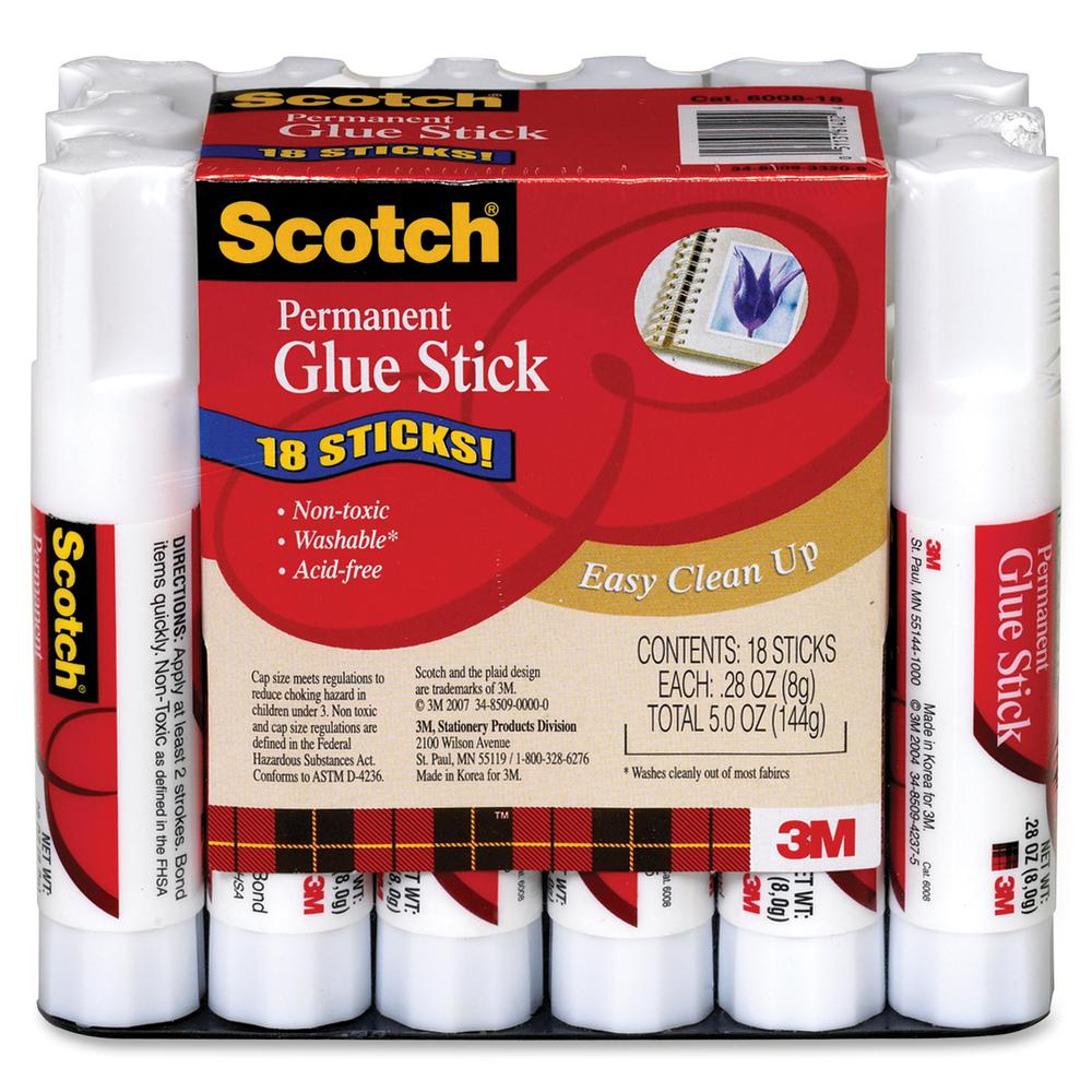 Scotch Permanent Glue Sticks - 0.28 oz - 18 / Pack - White