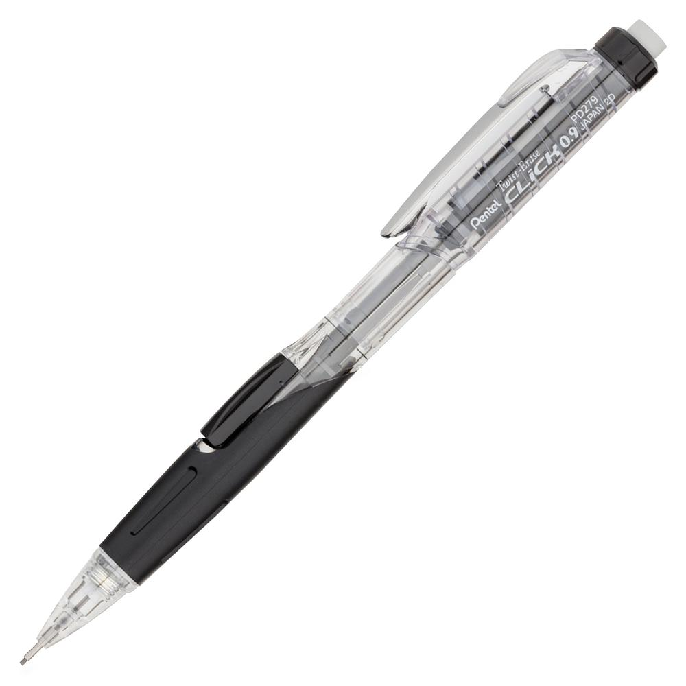 Pentel Twist-Erase Click Mechanical Pencils - #2, HB Lead - 0.9 mm Lead Diameter - Refillable - Black Lead - Transparent, Black Barrel - 12 / Box