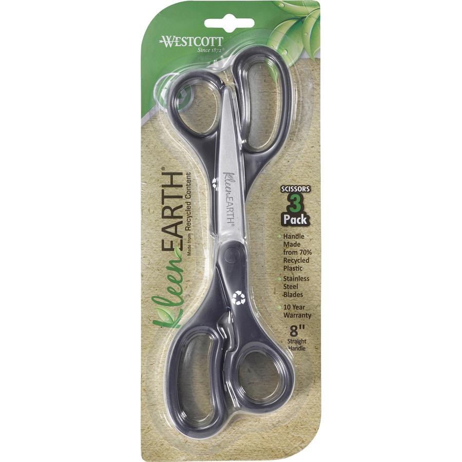 Westcott KleenEarth Basic Recycled Scissors - 8" Overall Length - Straight - Stainless Steel - Black - 3 / Pack