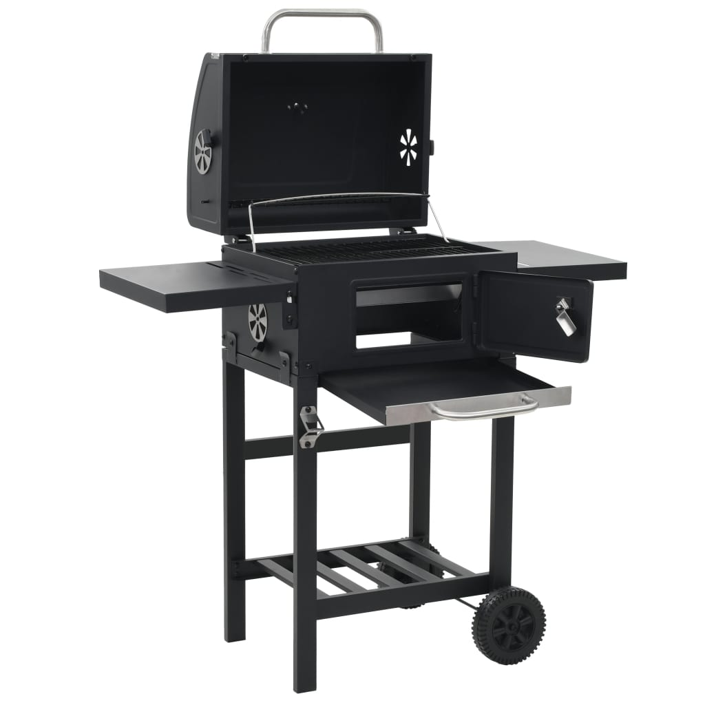 vidaXL Charcoal-Fueled BBQ Grill with Bottom Shelf Black