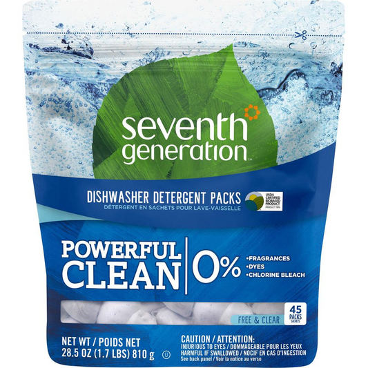 Seventh Generation Dishwasher Detergent - 27.20 oz (1.70 lb) - Free & Clear Scent - 45 / Packet - 1 / Pack - Clear