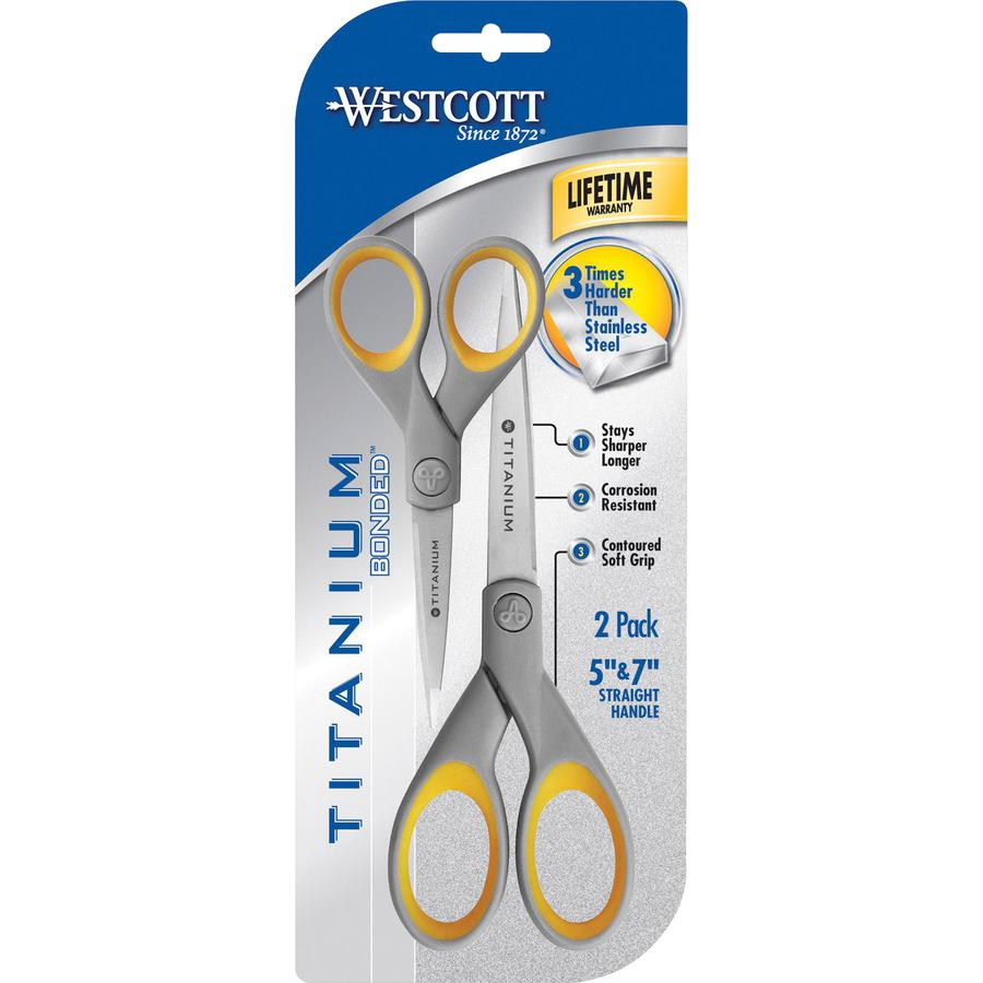 Westcott Titanium Bonded Scissors Set - Straight-left/right - Titanium - Pointed Tip - Yellow - 2 / Pack