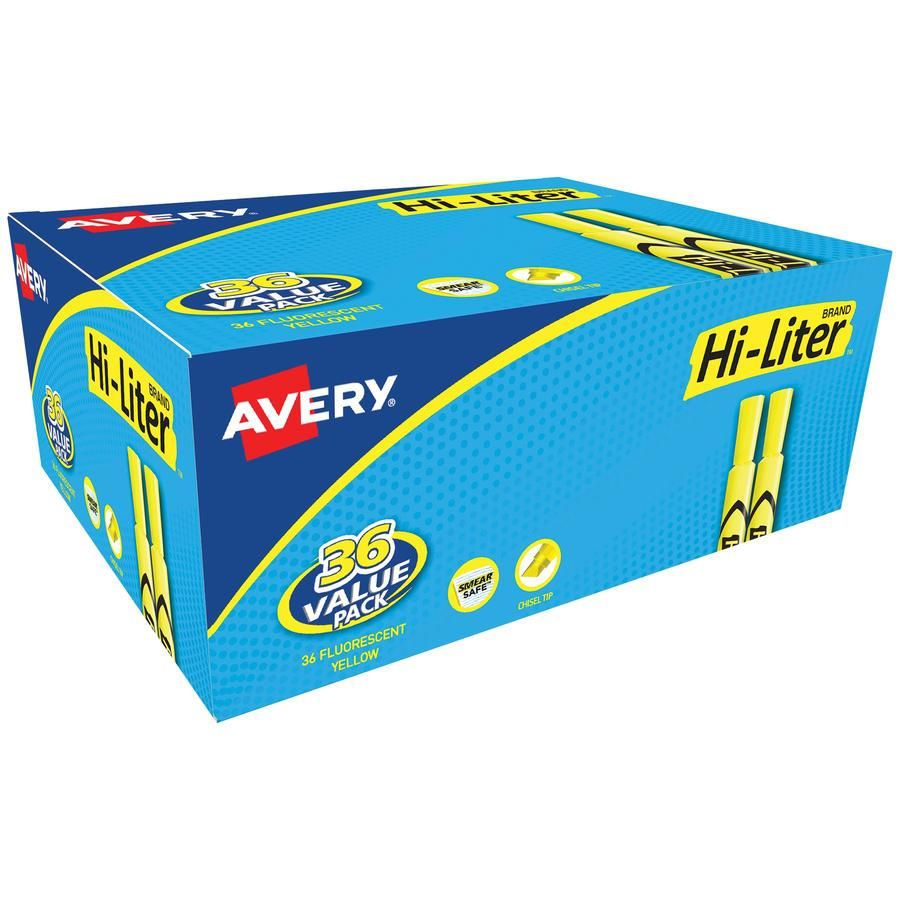 Avery&reg; Hi-Liter Desk-Style Highlighters - Chisel Marker Point Style - Fluorescent Yellow Water Based Ink - 36 / Box