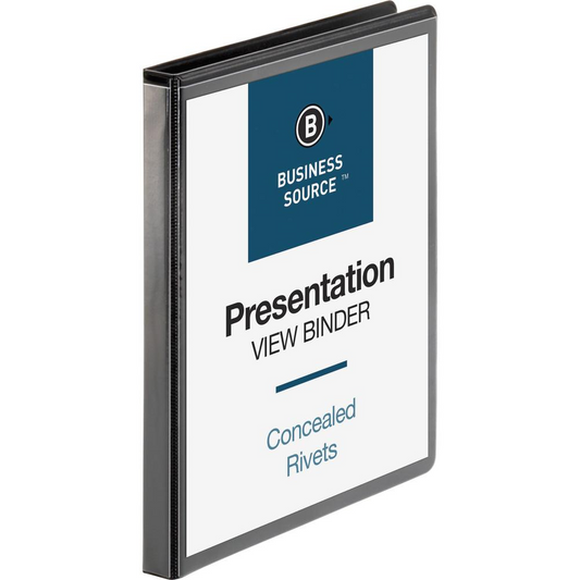 Business Source Standard View Round Ring Binders - 1/2" Binder Capacity - Letter - 8 1/2" x 11" Sheet Size - 125 Sheet Capacity - Round Ring Fastener(s) - 2 Internal Pocket(s) - Chipboard - Black - Co