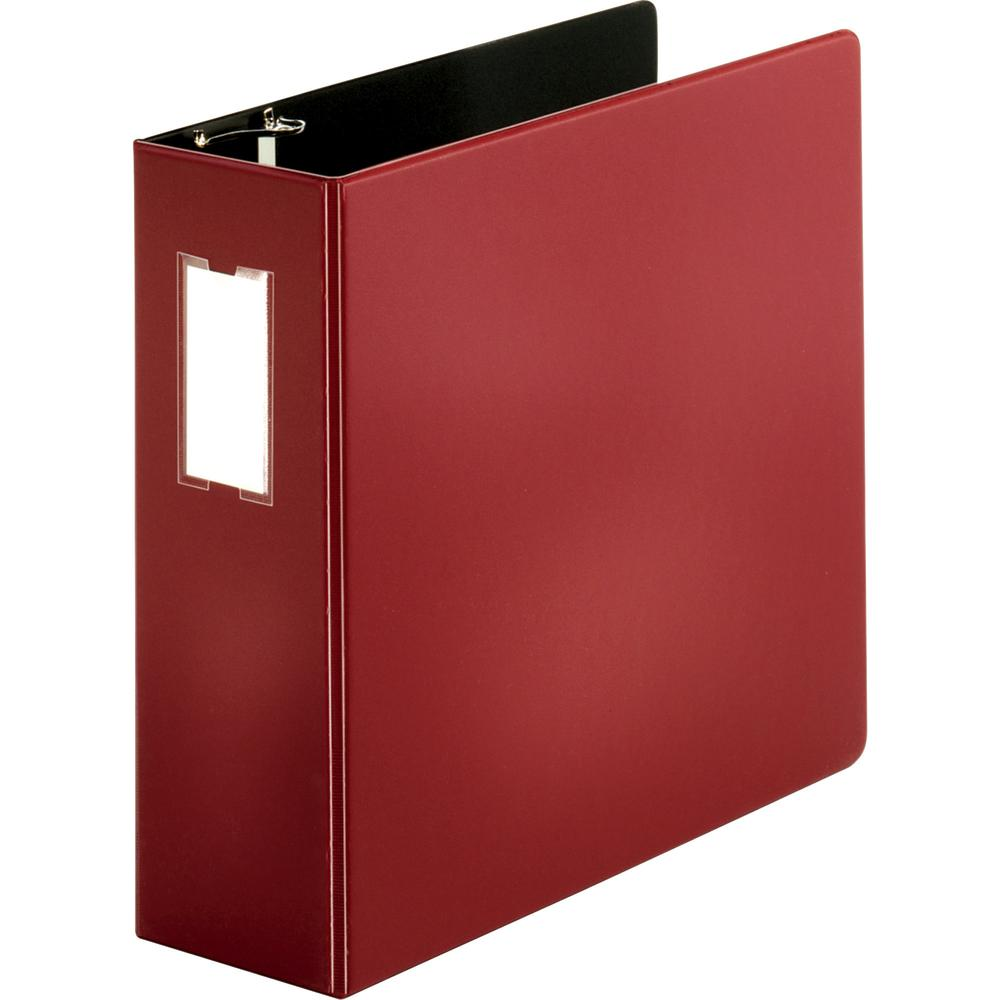 Business Source Slanted D-ring Binders - 4" Binder Capacity - 3 x D-Ring Fastener(s) - 2 Internal Pocket(s) - Chipboard, Polypropylene - Burgundy - PVC-free, Non-stick, Label Holder, Gap-free Ring, No