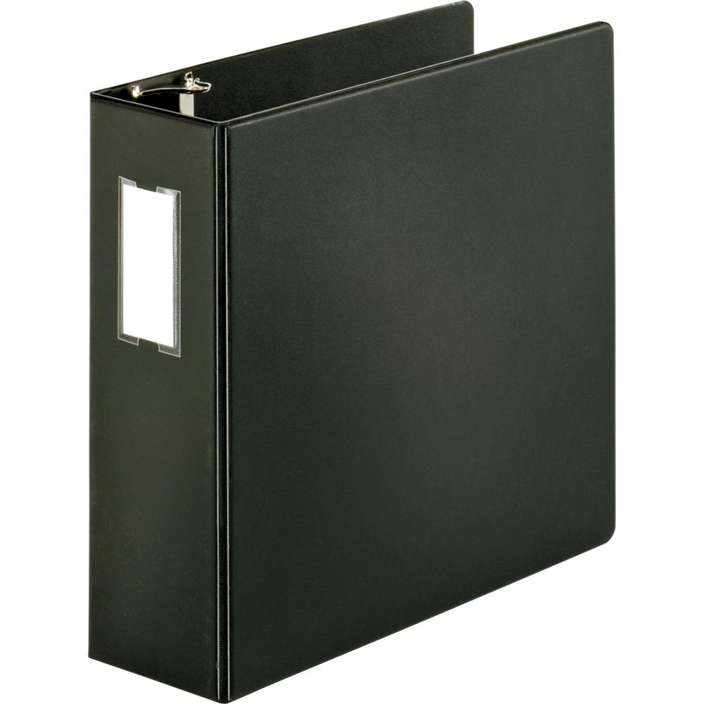 Business Source Slanted D-ring Binders - 4" Binder Capacity - 3 x D-Ring Fastener(s) - 2 Internal Pocket(s) - Chipboard, Polypropylene - Black - PVC-free, Non-stick, Spine Label, Gap-free Ring, Non-gl