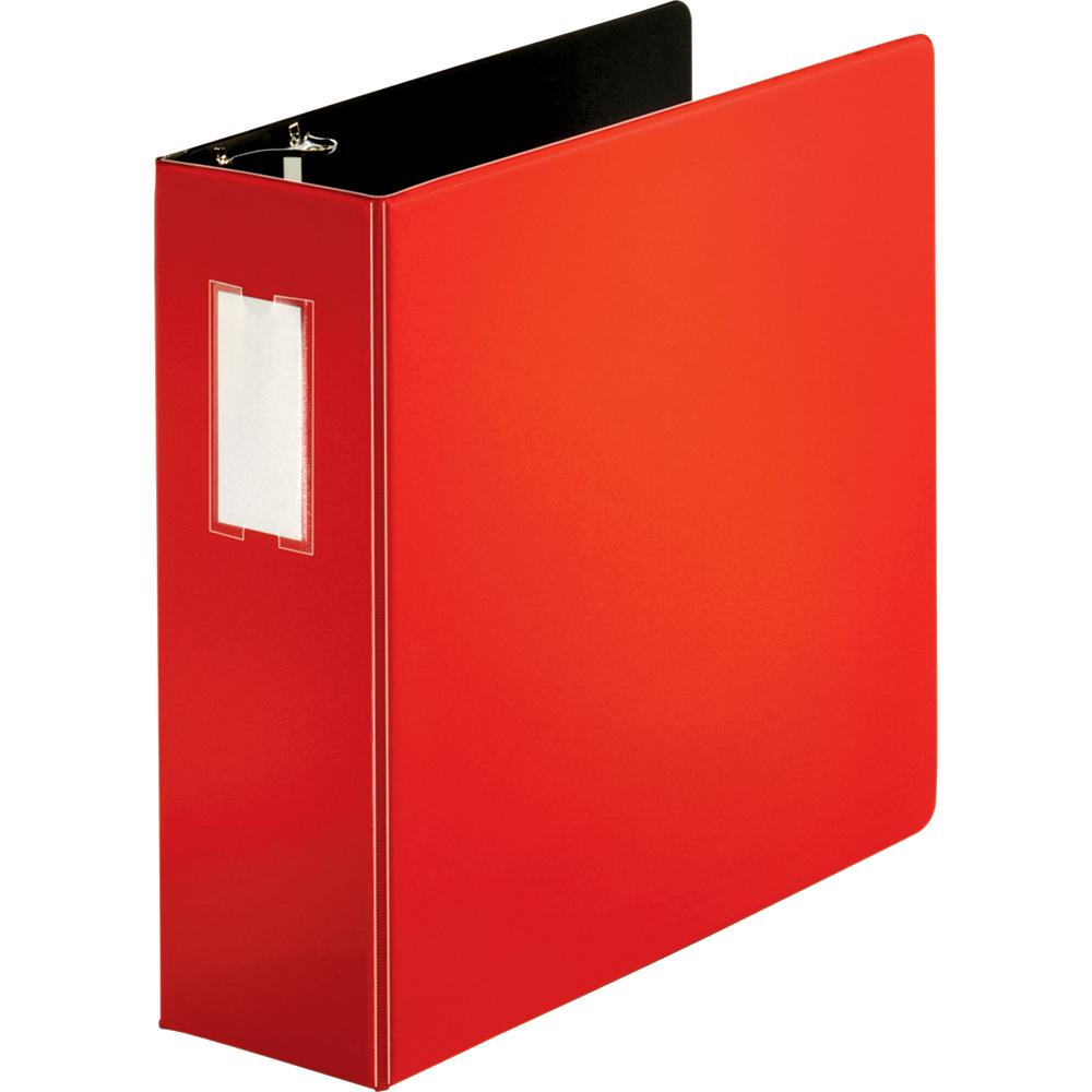 Business Source Slanted D-ring Binders - 4" Binder Capacity - 3 x D-Ring Fastener(s) - 2 Internal Pocket(s) - Chipboard, Polypropylene - Red - PVC-free, Non-stick, Label Holder, Gap-free Ring, Non-gla