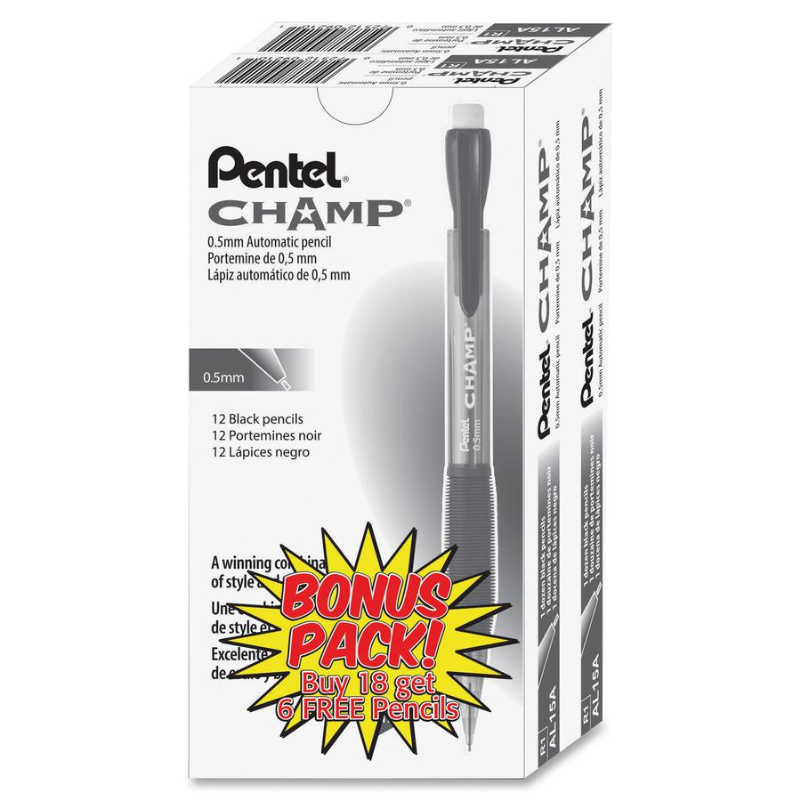 Pentel Champ Mechanical Pencils - HB Lead - 0.5 mm Lead Diameter - Refillable - Black Lead - Black Barrel - 24 / Pack