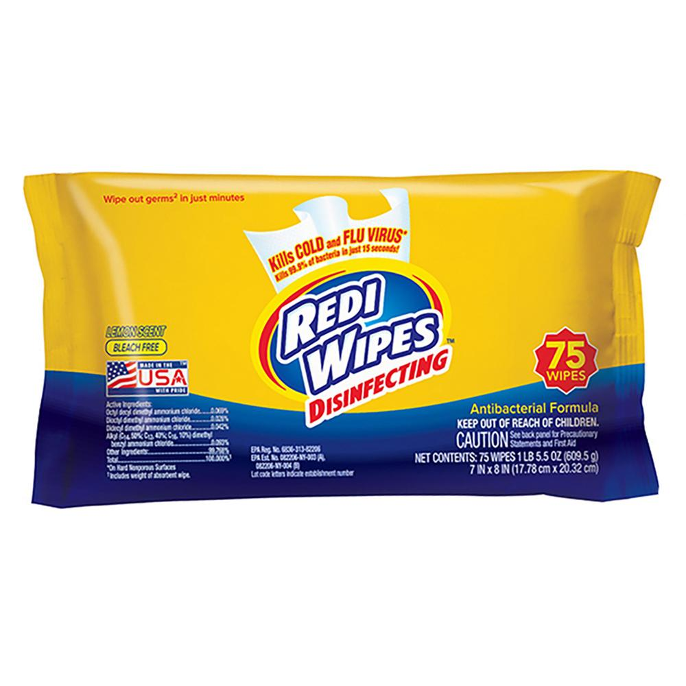 U.S. Nonwovens Disinfecting Redi Wipes - Wipe - Lemon Scent - 7" Width x 8" Length - 75 / Pack - 12 / Carton - Yellow