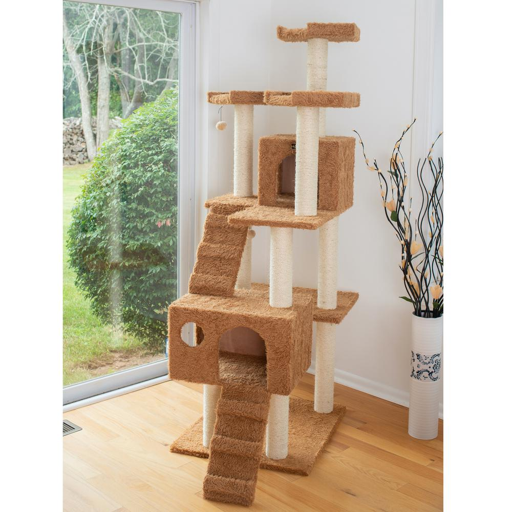 Armarkat 74" Multi-Level Real Wood Cat Tree Large Cat Play Furniture With SratchhIng Posts, Large Playforms, A7407 Ochre Brown