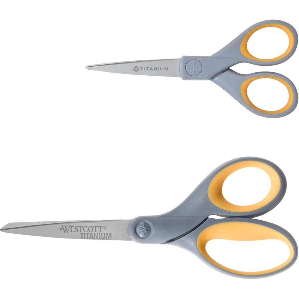 Westcott Titanium Bonded Scissors Set - Straight-left/right - Titanium - Pointed Tip - Yellow - 2 / Pack