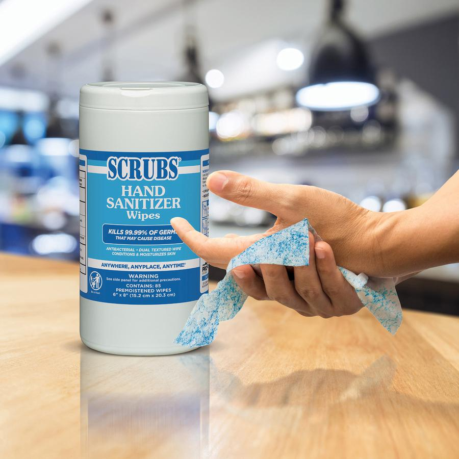 SCRUBS Hand Sanitizer Wipes - Blue, White - Abrasive, Non-scratching, Textured, Anti-bacterial - For Hand - 85 Per Canister - 6 / Carton