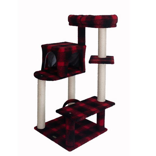 Armarkat B5008 50-Inch Classic Real Wood Cat Tree With Veranda, Bench, MIni perch, and Spacious Lounger In Scotch Plaid