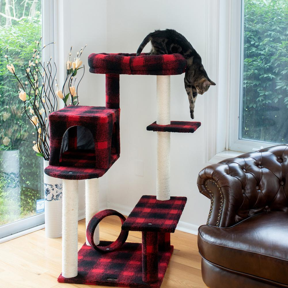 Armarkat B5008 50-Inch Classic Real Wood Cat Tree With Veranda, Bench, MIni perch, and Spacious Lounger In Scotch Plaid