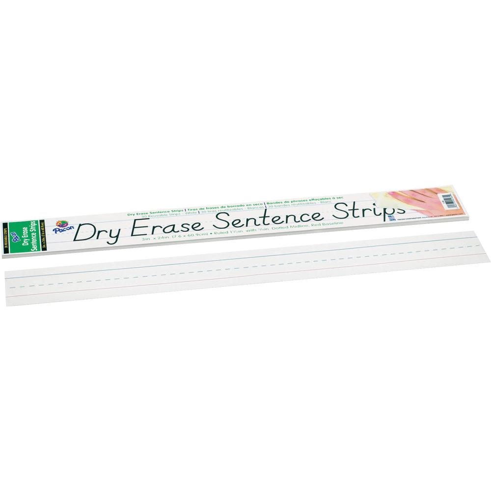 Pacon Dry Erase Sentence Strips - 3"H x 24"W - 1.5" Ruled - Dry Erase - 30 Strips/Pack - White