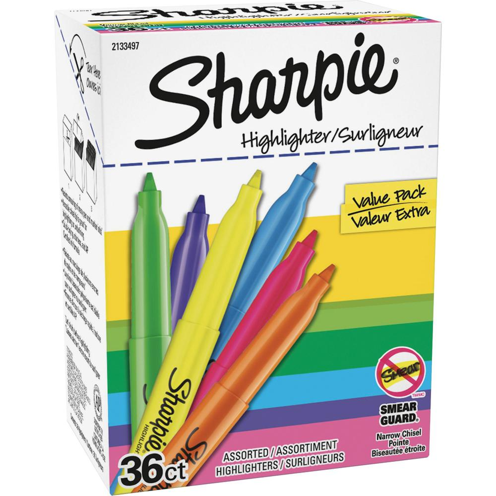 Sharpie 36-Count Pocket Highlighters - Narrow Marker Point Style - Assorted - 36 / Box