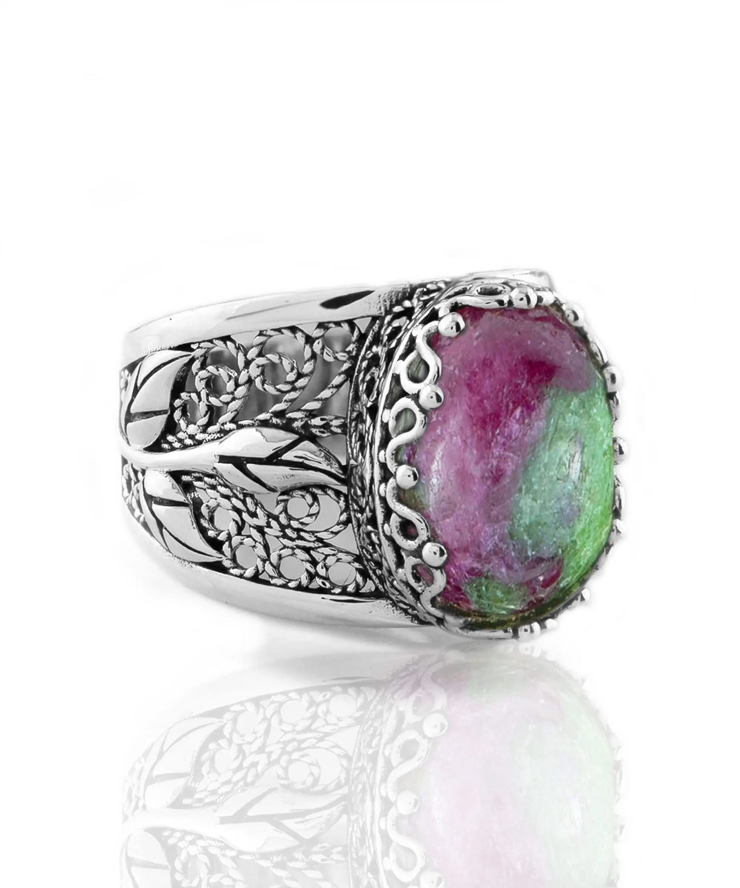 Filigree Art Ruby Zoisite Gemstone Tulip Detailed Silver Women Statement Ring