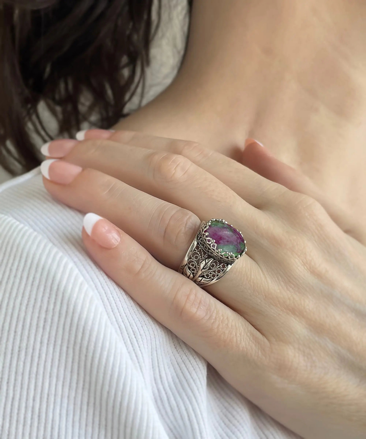 Filigree Art Ruby Zoisite Gemstone Tulip Detailed Silver Women Statement Ring