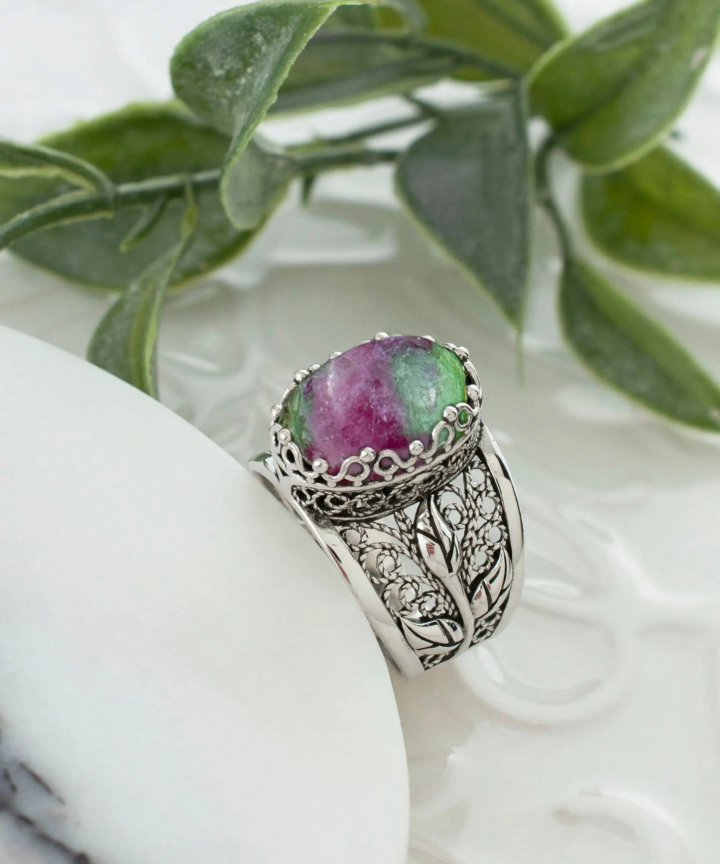 Filigree Art Ruby Zoisite Gemstone Tulip Detailed Silver Women Statement Ring