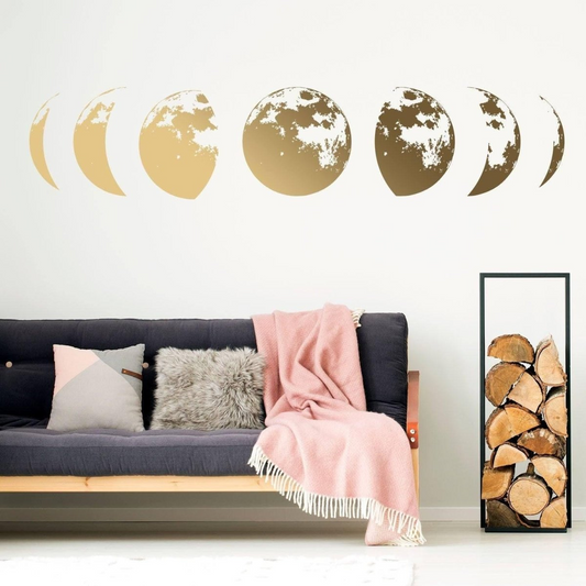 Moon Phases Wall Decor Decal - Gold Home Art Living Room Bedroom Sticker Decoration - Silver Phase Cycle Nursery Lunar Crescent Vinyl Mural