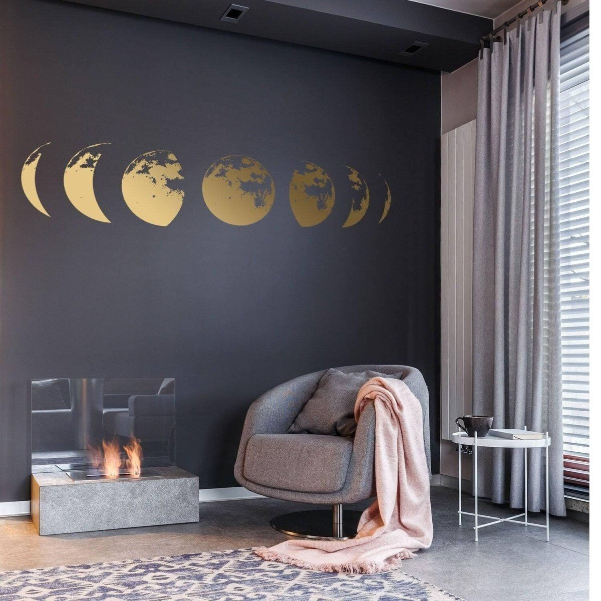 Moon Phases Wall Decor Decal - Gold Home Art Living Room Bedroom Sticker Decoration - Silver Phase Cycle Nursery Lunar Crescent Vinyl Mural