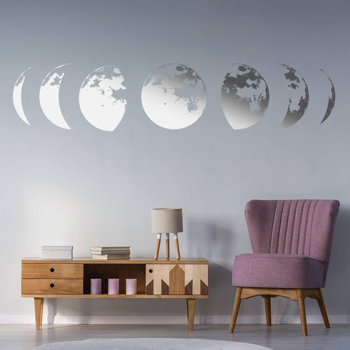 Moon Phases Wall Decor Decal - Gold Home Art Living Room Bedroom Sticker Decoration - Silver Phase Cycle Nursery Lunar Crescent Vinyl Mural