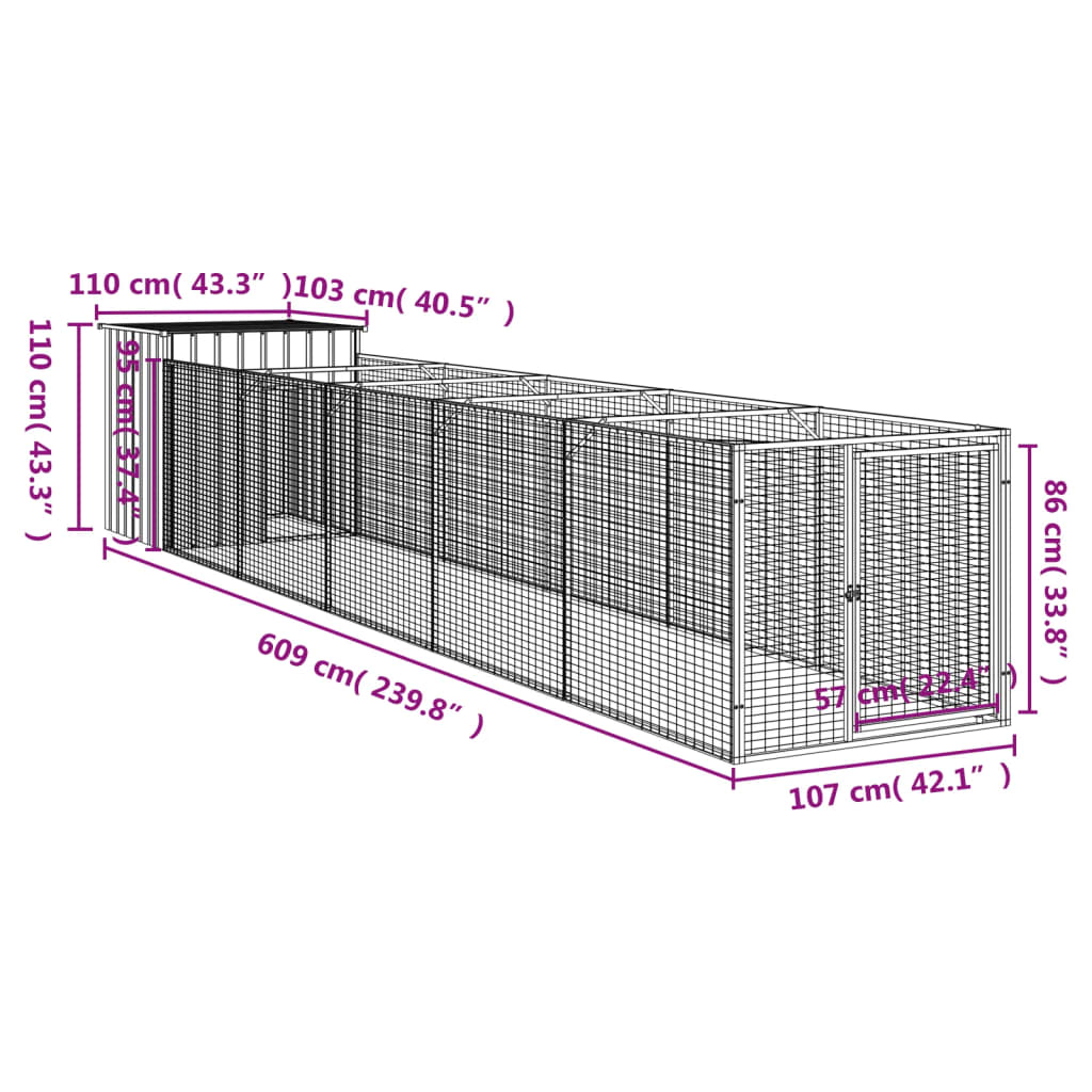 vidaXL Dog House with Run Light Gray 43.3"x239.8"x43.3" Galvanized Steel