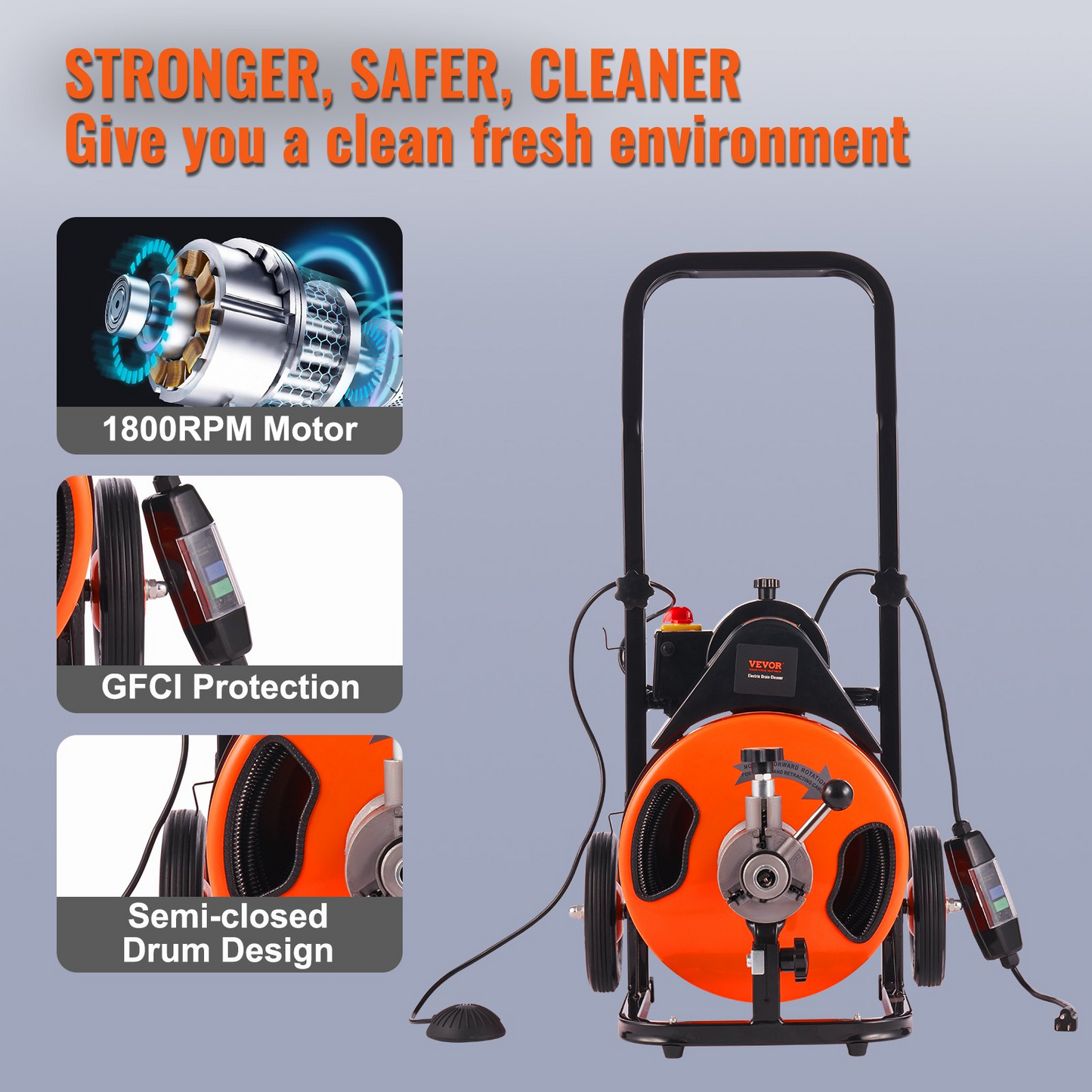 VEVOR Drain Cleaning Machine 100FT x 3/8 Inch, Sewer Snake Machine Auto Feed, Drain Auger Cleaner with 4 Cutter & Air-Activated Foot Switch for 1" to 4" Pipes