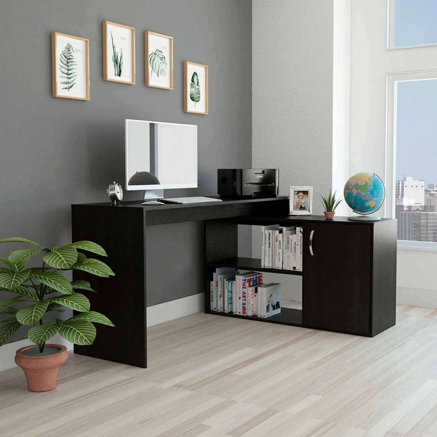 Boston Home Office Desk, Single Door Cabinet, Two Open Shelves, Two Interior Shelves