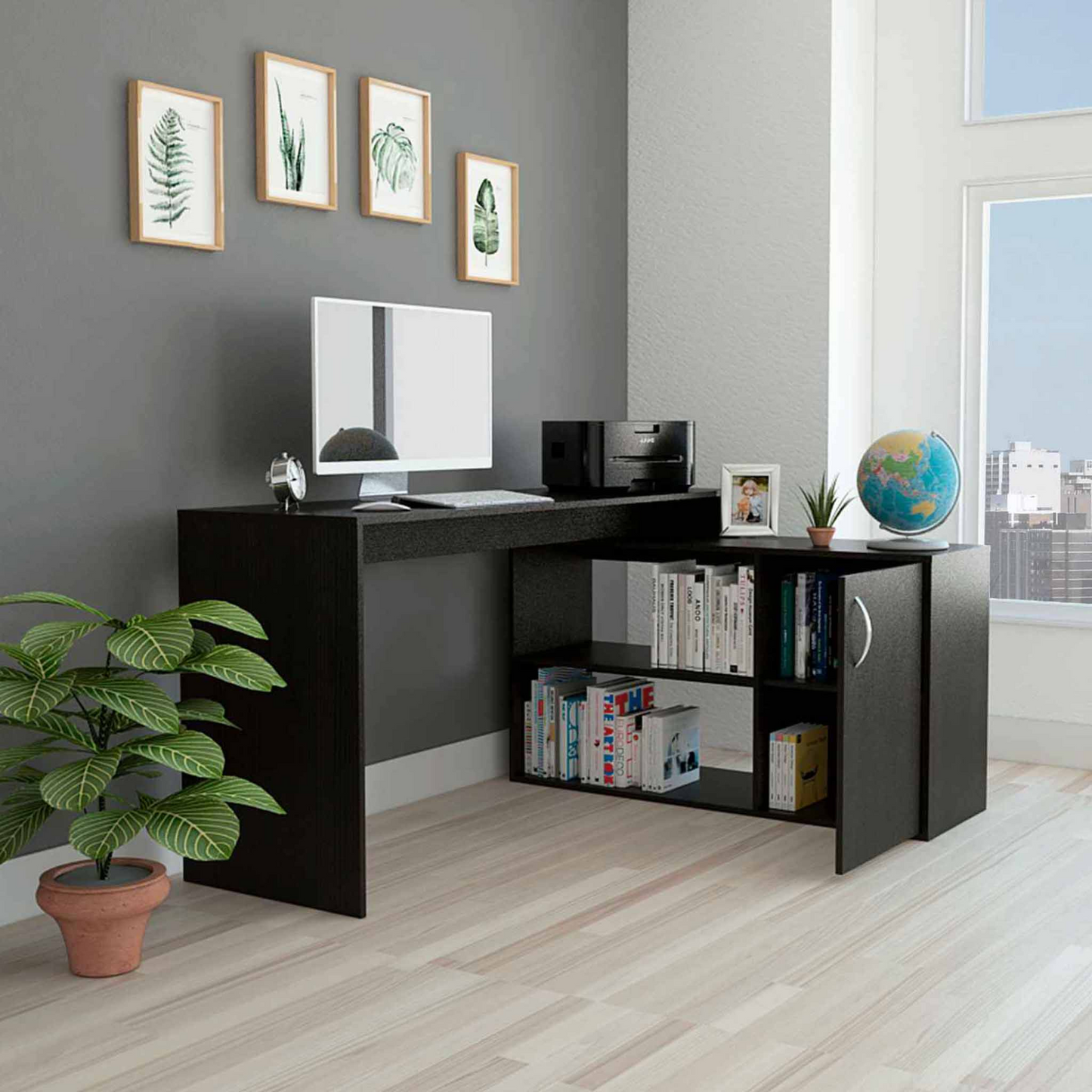 Boston Home Office Desk, Single Door Cabinet, Two Open Shelves, Two Interior Shelves