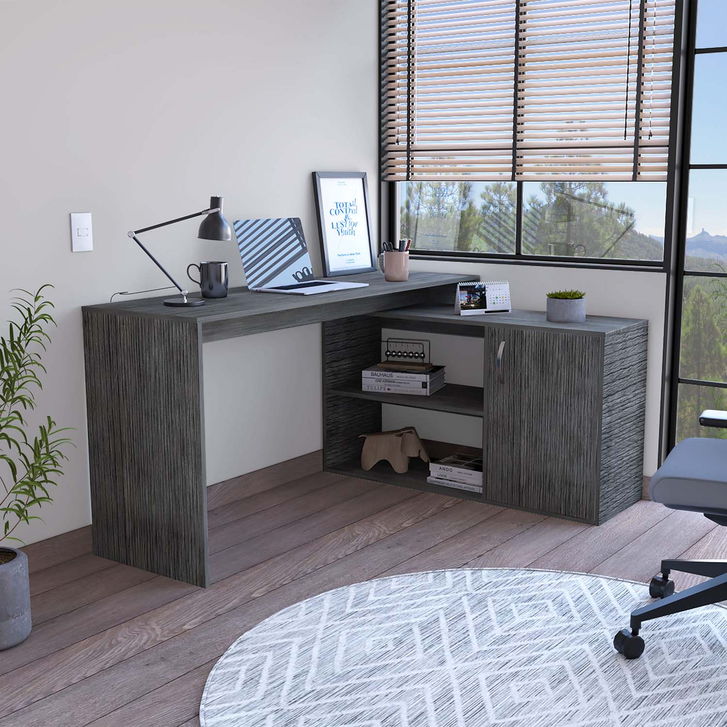 Boston Home Office Desk, Single Door Cabinet, Two Open Shelves, Two Interior Shelves