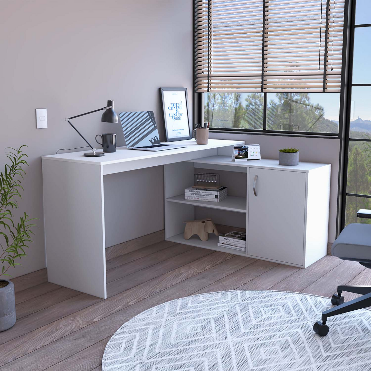 Boston Home Office Desk, Single Door Cabinet, Two Open Shelves, Two Interior Shelves