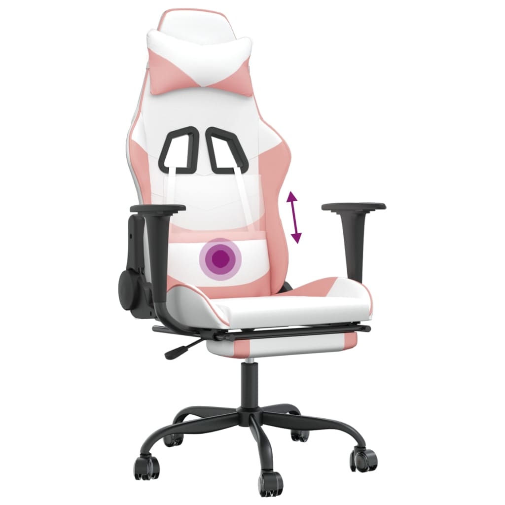 vidaXL Massage Gaming Chair with Footrest White&Pink Faux Leather