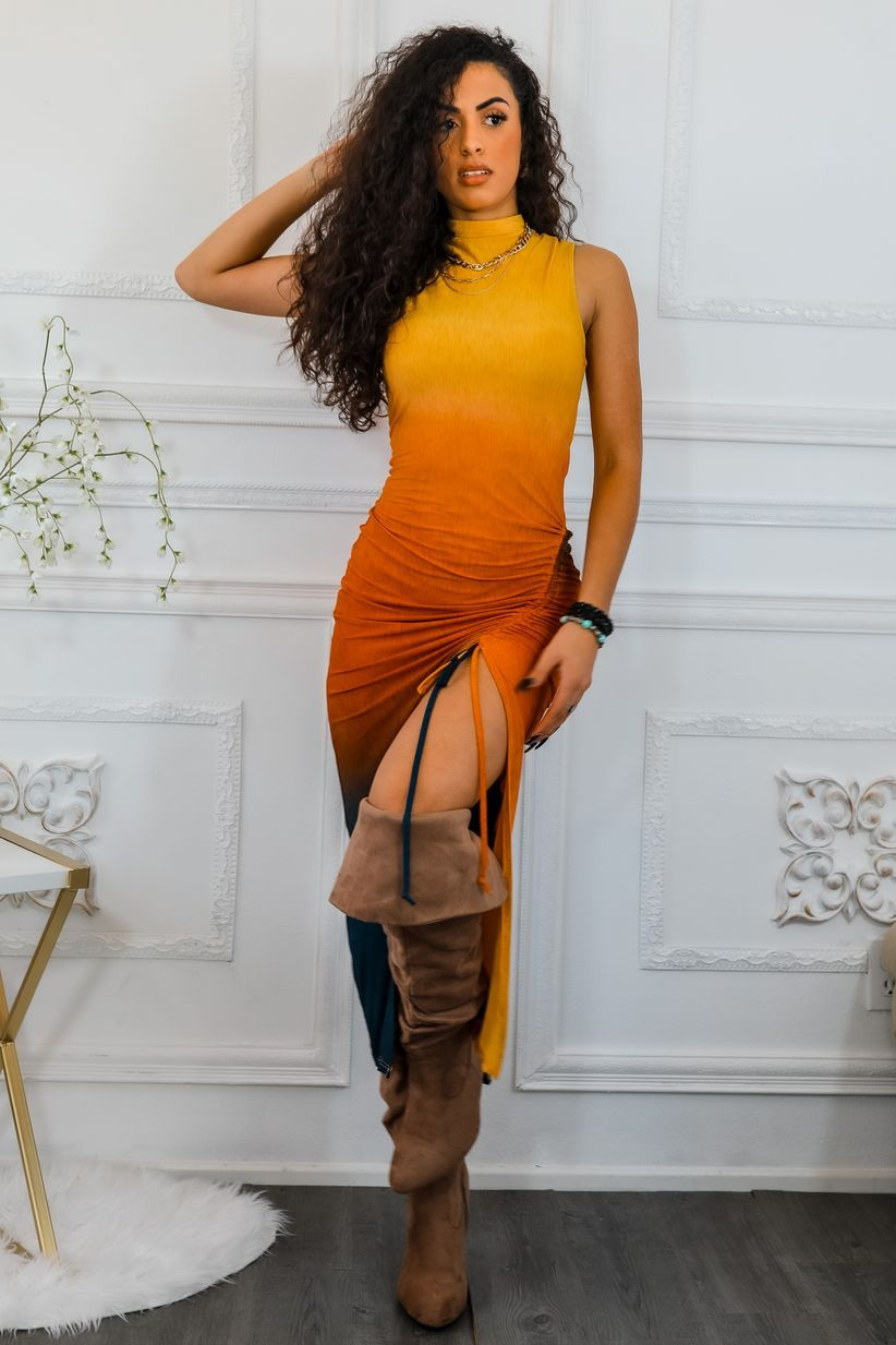 Ombre Sunset Cinched Maxi Dress Mustard