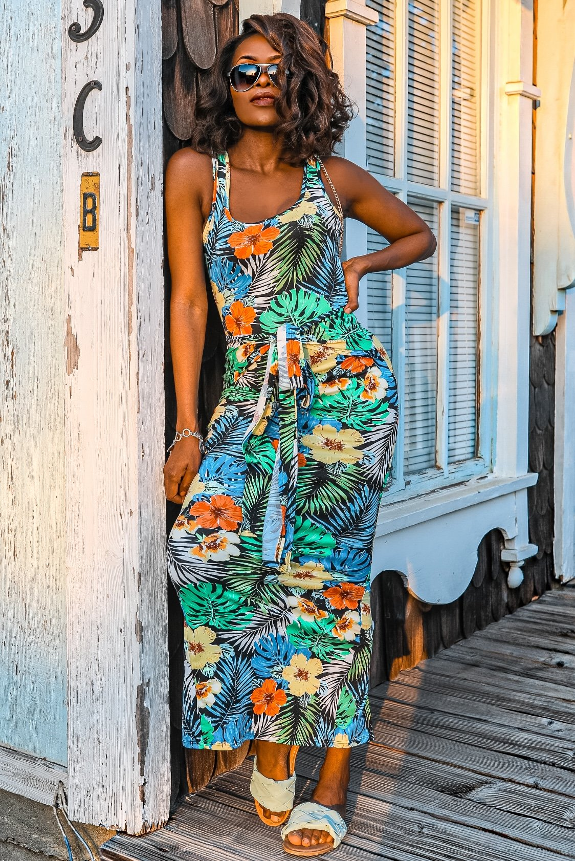 Tropical Print Bodycon Maxi Dress with Front Tie Waist