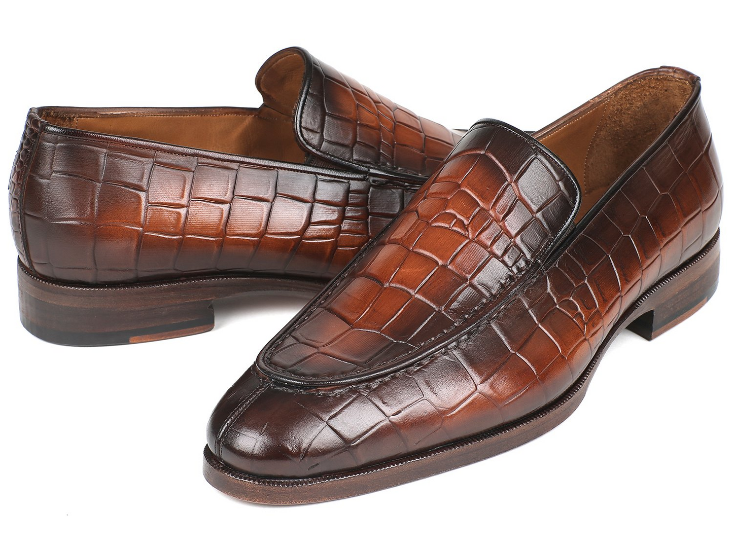 Paul Parkman Brown Burnished Crocodile Embossed Calfskin Loafer (ID#7339-BRW)