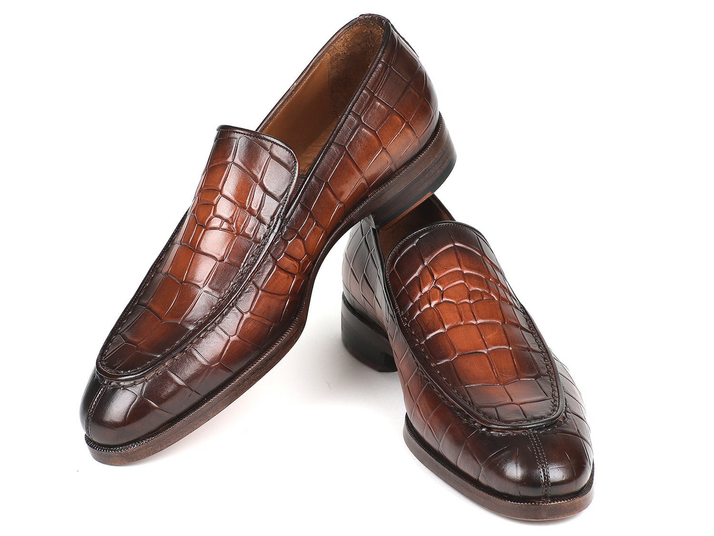 Paul Parkman Brown Burnished Crocodile Embossed Calfskin Loafer (ID#7339-BRW)