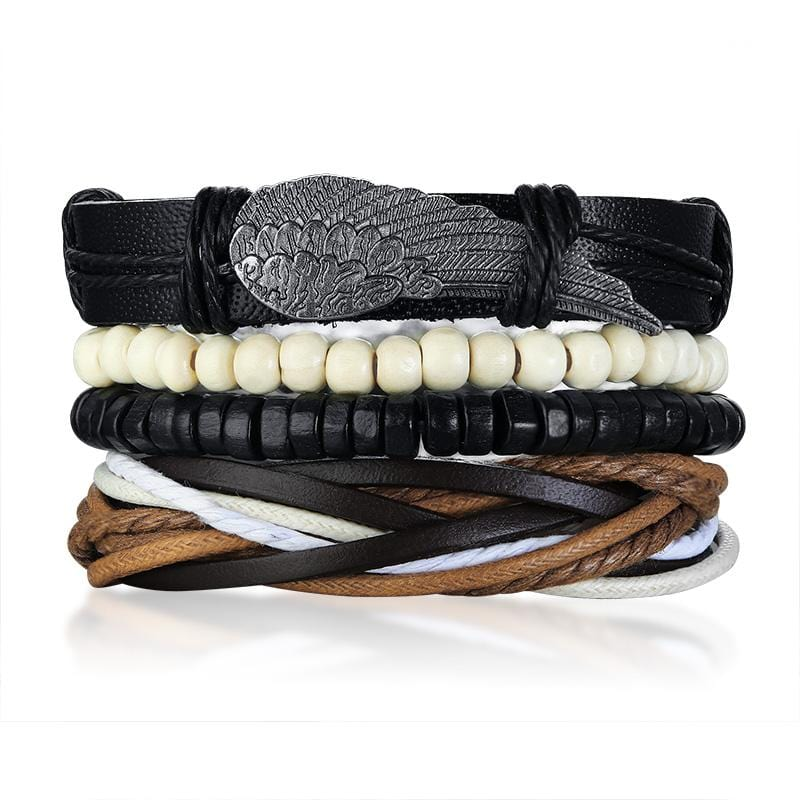 Mens Multilayer Leather Charm Bracelet Set