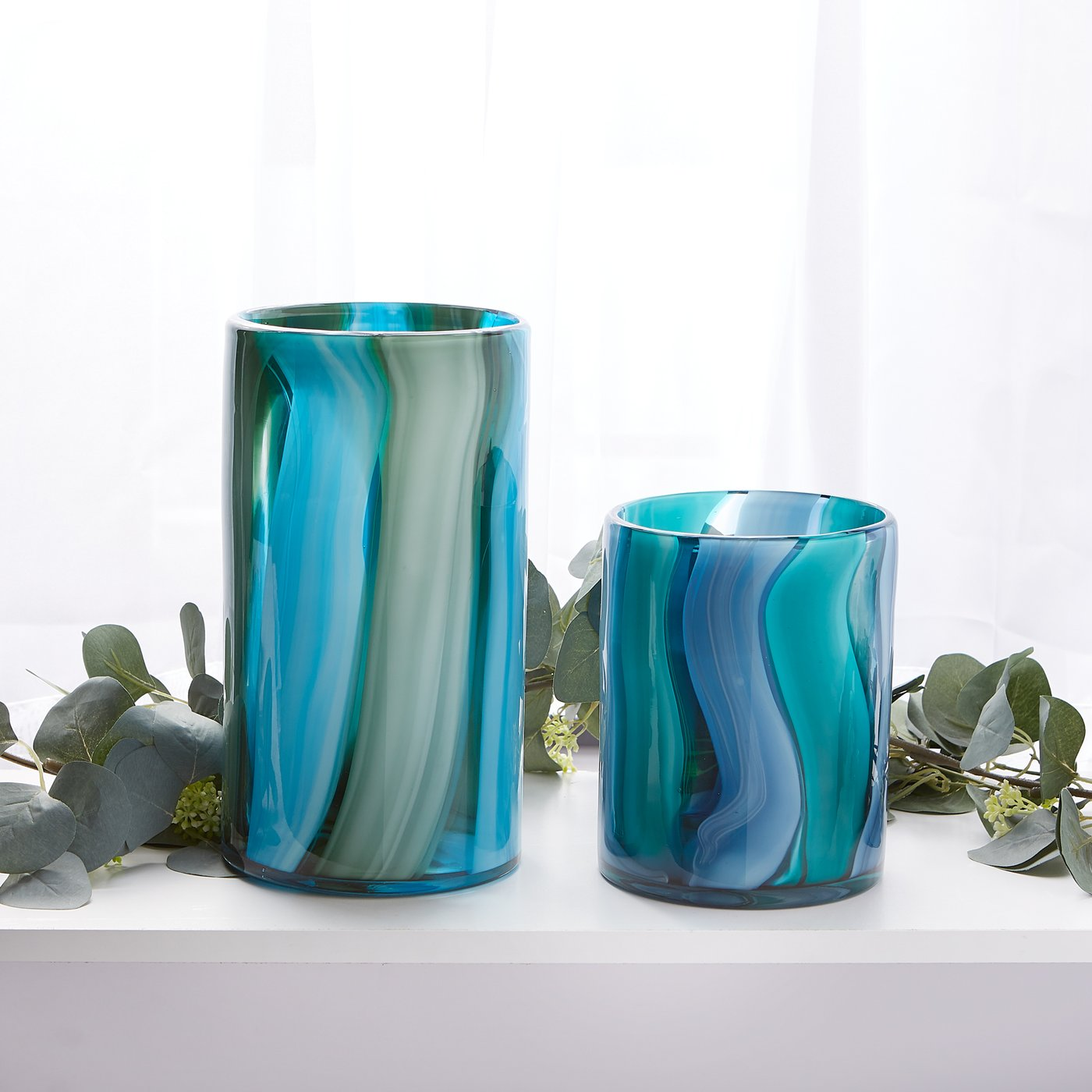 Blue Swirls Cylinder Glass Vase - 6.5 inches